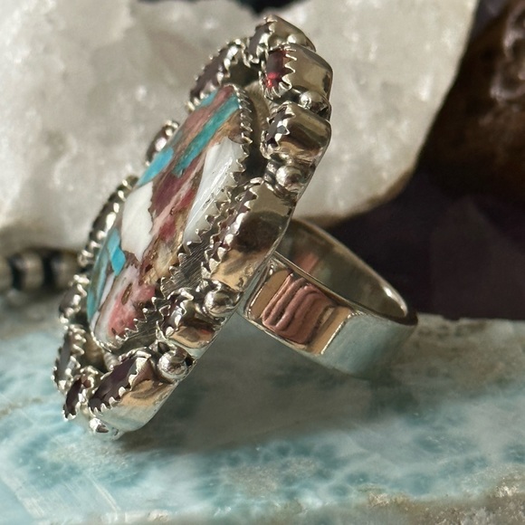Turquoise spiny mosaic statement sterling silver adjustable ring - Picture 2 of 8